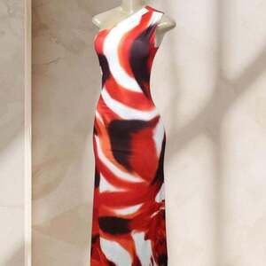 Red Abstract Print Maxi Dress – One Shoulder Bodycon Stretch Sexy Statement ✧ L